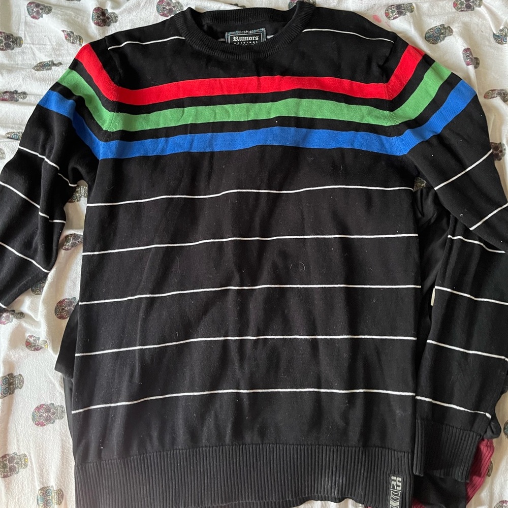 Hollister Black Sweater with Red, Blue, and Green Stripes
